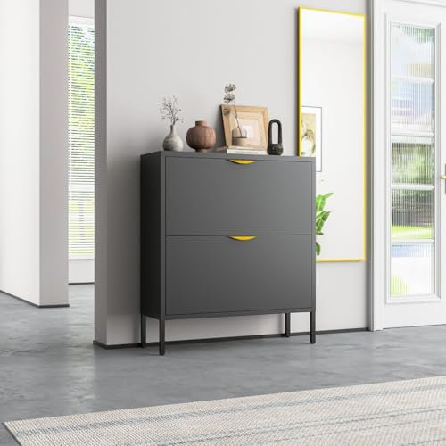 Stilvoller Schuhschrank Paris Schwarz - aus Metall - Schuhregal mit 2 geräumigen Kippfächern - Industrial Design Kommode mit geringer Tiefe, platzsparende und saubere Aufbewahrung deiner Schuhe