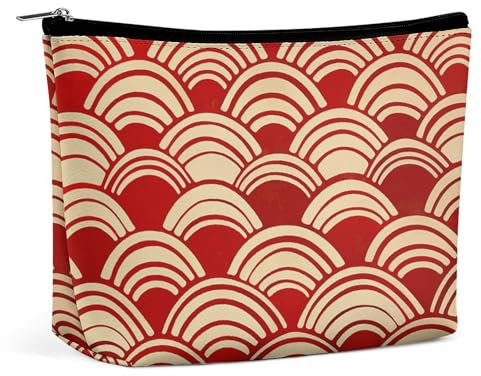 NQLYUT Trousse de maquillage portable pour chien portant un chapeau - Trousse de toilette de grande capacité avec fermeture éclair - Pour homme et femme, Avec vagues rouges, Taille unique, Art Déco