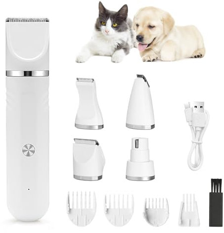 Neoreser 4 en 1 Tondeuse Chat Set, Silencieuse Tondeuse pour Chat, Tondeuse à Cheveux sans Fil et silencieuse pour Chiens et Chats (Blanc)