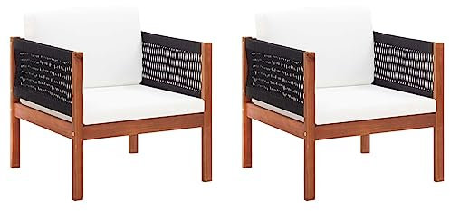KATERYY Chaises de Jardin 2 pcs Bois d'acacia Massif,Chaises de Jardin Design en Bois d'acacia Naturel et Corde Noire avec Coussins rembourrés pour extérieur Ensembles de Salons de Jardin