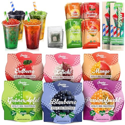 INSPIRE FOOD Bubble Tea Kit – 100g Popping Boba (Erdbeere, Mango, Grüner Apfel, Blaubeere, Litschi, Passionsfrucht) – 30ml Sirupe (Mango, Erdbeere, Pfirsich, Grüner Apfel) – Inkl. Strohhalme und Tee