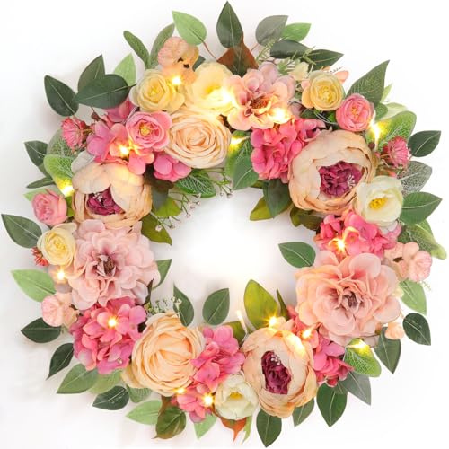 [Lighted & Timer] 22 Spring Summer Wreaths for Front Door Peony Wreath with Lights Pink Silk Flower Hydrangea Rose Green Leaves Floral Wreath for Home Wall Window Wedding Party Indoor Outdoor Decor