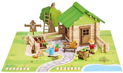 Maison et Jardin 135 Pieces - JEUJURA - Jeu de Construction en Bois Naturel, Tapis et Accessoires Inclus, 32x27x11 cm