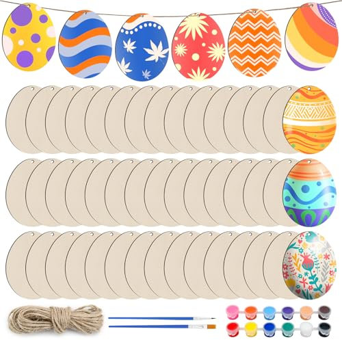 50 Stück Ostern Handwerk Kunsthandwerk Holz Ostereier Holz-Ostern Ornamente Basteln DIY Anhänger für Kinder Unvollendete Ostern Hängende Holzscheiben mit Bemalen Set für Party Osterfeier Dekor,4x6cm