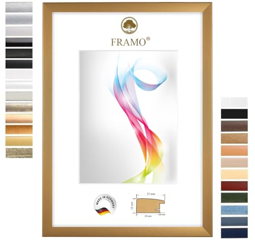 FRAMO Holz Bilderrahmen 35 x 55 cm (Bildmaß) in Gold-schlicht | Größe wählbar | Rahmen für Poster | Puzzle | Foto collage | Maßanfertigung | Fotorahmen nach maß