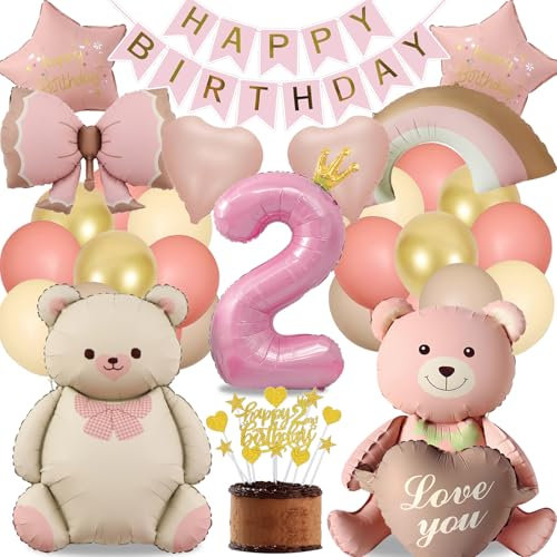 2. Geburtstag Mädchen Bär Deko Party, Luftballon Geburtstag 2 Jahr Rosa Gold, Kindergeburtstag Deko Liebe Regenbogen Bogen, Happy Birthday Banner und Tortendeko (Geburtstagsdeko 2 Jahr Mädchen Set)
