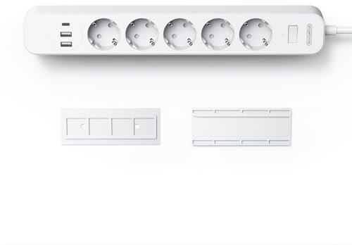 NTONPOWER Multiprise Murale avec Plaque Adhésive, 8 en 1 Multiprise Murale 5 Prises avec USB C, Multiprise Electrique 1,5 m, 2500W, pour Maison, Bureau et Cuisine, Blanc