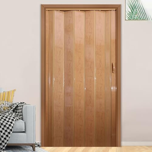 Glänzende PVC-Akkordeon-Türen für den Innenbereich mit magnetischer Ziehharmonika-Türbeschläge, Ahorn, 94 x 203,2 cm
