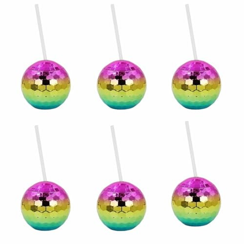 MEKLITRZ 6 Pack Disco Ball Cups with Lids & 6 Straws Reusable Glitter Party Cups for Hen Nights, Flash Ball Wine Cocktail Tumblers Mirror Bachelorette Barware for Club Bar(4 Colors Rainbow)