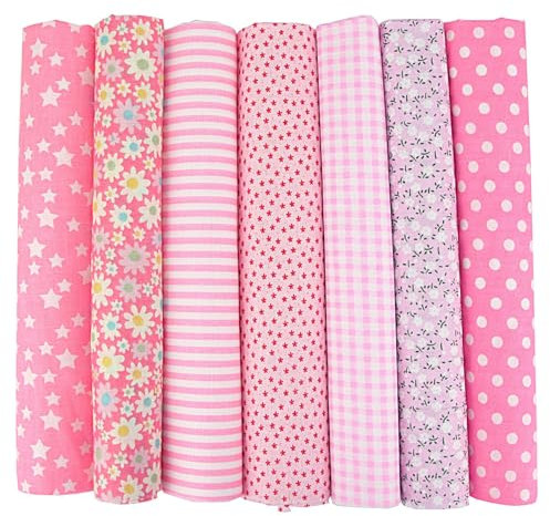 7er Set Baumwollstoff 50x50cm – Stoffe zum Nähen, Patchwork Stoffe, Stoffreste – DIY Stoff für Basteln, Quilten, Deko & Puppenkleidung – 100 % Baumwolle, Verschiedene Designs (Rosa, 50x50cm)