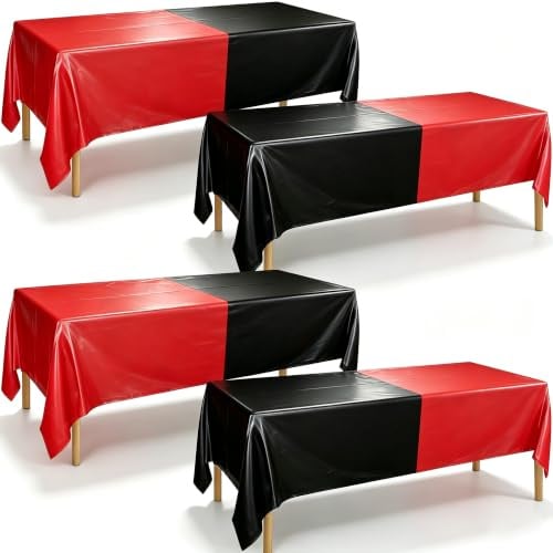 4 Stück rote und Schwarze Tischdecken Rechteck Tischdecken für Fiesta Abschluss Hochzeit Schwarze und rote Geburtstagsdekorationen, 130 x 220cm