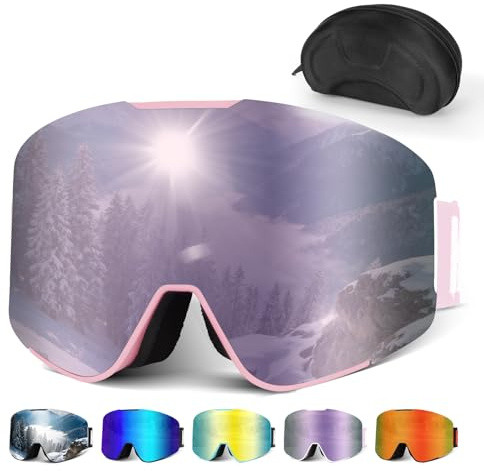 Skibrille mit Photochromer: Skibrille Damen Herren mit Schillerndem Look Beschlagfreie Ski Brille mit UV-Schutz, Skibrillen mit 3-Schicht-Polsterung für Skifahren Snowboard-Aufbewahrungsbox-Geschenk