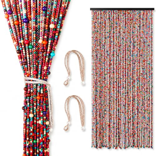 Perlenvorhang, 90x200cm Türvorhang Perlen mit runden Holzperlen, 52 Stränge | Bohemian-Stil Bambusvorhang mit 2 Riemen Perlenvorhang Insektenschutz Zuschneidbarer für Fenster Türen Dekoration