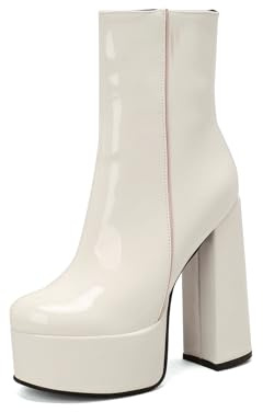 TNMIUH Stivali con Zeppa da Donna, Stivaletti con Tacco Largo Super Spesso da 14.5cm, Scarpe da Sera in Vernice con Cerniera Laterale, Nero Bianco