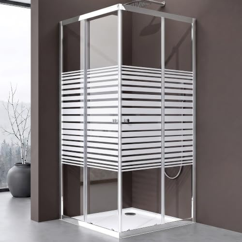 doporro Duschkabine Schiebetür 75x80cm Duschabtrennung Milchglas Streifen | 6mm ESG-Sicherheitsglas inkl. Nano-Beschichtung | Links/Rechts montierbar | Aluminium in Chrom | Ravenna16MS