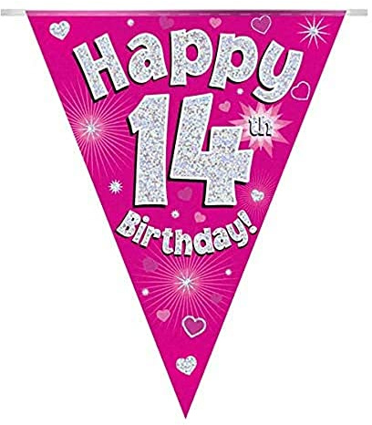Party Bunting Happy 14th Birthday Pink Holographic 11 flags 3.9m