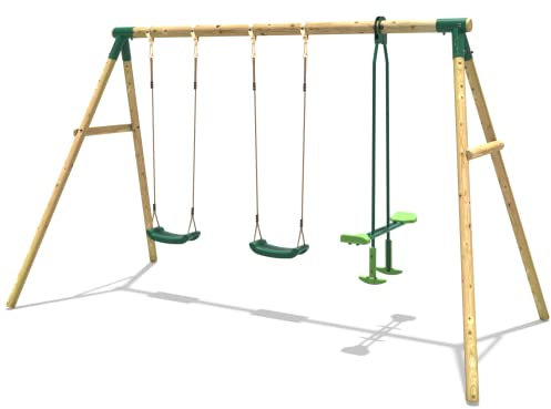 Rebo® Children's Wooden Garden Swing Set - Neptune | OutdoorToys | Pressure Treated Timber, Soft Feel Ropes, Twin Seat Glider, Sturdy Construction for Kids