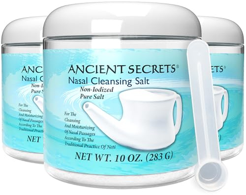 Ancient Secrets Nasal Cleansing Salt, Non-Iodized, 3-Pack – USP-Grade Sodium Chloride for Any Neti Pot, Sinus Irrigation System, 10 Oz Ea