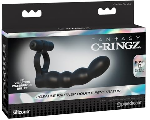 Pipedream Fantasy C-Ringz Posable Partner Double Penetrator Dildo, Black, 1 Pound