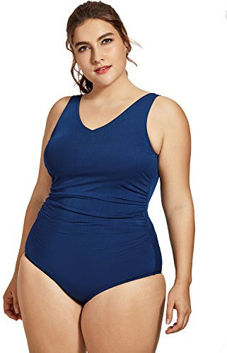SYROKAN Damen Sport Badeanzug Bauchweg Große Größe Einteiler Figurformend ohne Bügel Marine 46