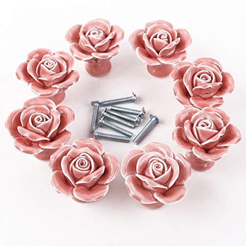 FABSELLER 8pcs Ceramic Vintage Rose Flower Floral Knobs Door Handle Pull with Screw for Cabinet Drawer Door Cupboard Wardrobe Locker Closet (Pink)