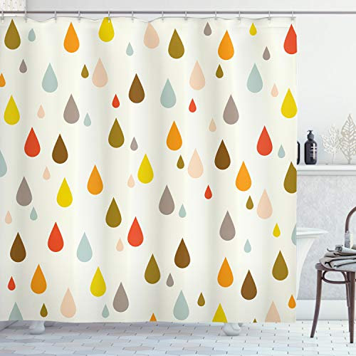 ABAKUHAUS Bunt Duschvorhang, Retro Wassertropfen Regen, Stoffliches Gewebe Badezimmerdekorationsset mit Haken, 175 x 220 cm, Creme Mehrfarbig