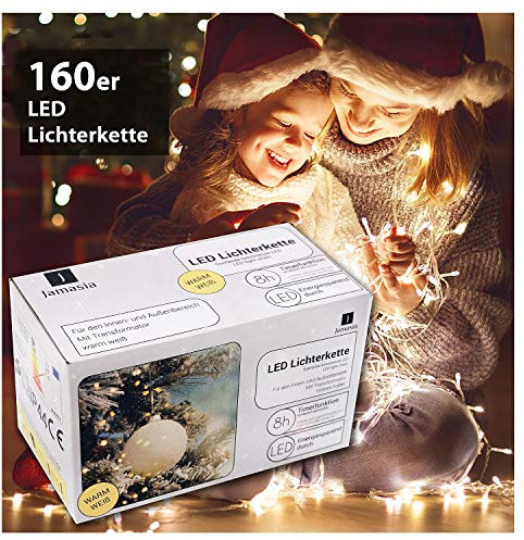 Jamasia 999102 - LED Lichterkette mit 160 LED Lämpchen, warm weiß, mit Trafo und 8 Stunden Timerfunktion, für Innen und Außen, grünes Kabel Länge 23,90 m, Zuführung 8 m, LED Abstand 10 cm, GS geprüft