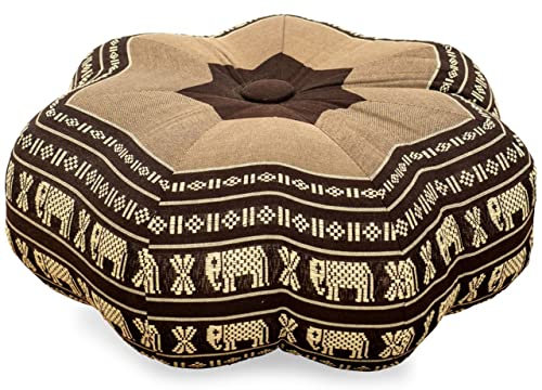Livasia Meditationskissen Stern, Yogakissen mit Kapok, Pouf, Bodenkissen sternförmig Yoga Zen Meditation, Zafukissen für Garten und Balkon, Sitzkissen handgefertigt Ø 30x15cm (Braun/Elefanten)