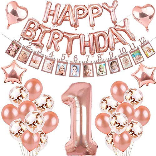 Sancuanyi 1. Geburtstag Dekorationen Rosegold für Mädchen,mit Kinder Ersten Geburtstag Girlande Foto Banner, Rose Gold Ballons,Deko 1 Geburtstag, erst Geburtstag Deko