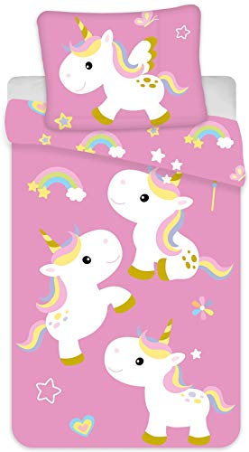 BrandMac Bettwäsche Einhorn-Motiv Bettbezug 135x200 cm + Kopfkissenbezug 80x80 cm - Kinder-Bettwäsche-Set, Kinderbettwäsche mit