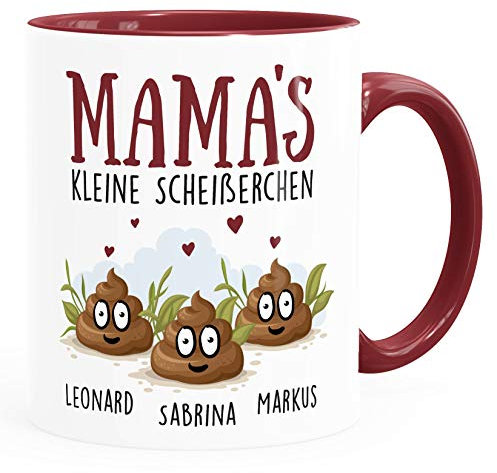 MoonWorks®Tasse personalisiert Mama's kleine Scheißerchen und anpassbare Namen Kackhaufen Geschenk für Mama 3 Kinder bordeauxrot Keramik-Tasse