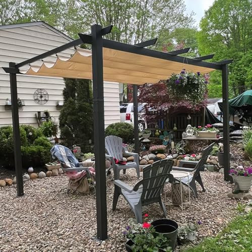 PURPLE LEAF Pergola Aluminium 3 x 3 m Tissu Teint en Fil, Pergolas pour Terrasse Extérieur, Pergola Jardin Extérieur Toit Coulissante, Pavillon de Jardin, Kaki