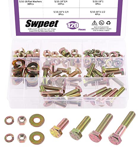 Swpeet 120 piezas de 5/16 -18 x 3/4 a 1-1/2 5 tamaños Grado 8 USS Kit surtido de pernos de tuerca y arandela, rosca gruesa, tornillos de cabeza hexagonal, tornillos planos y arandela