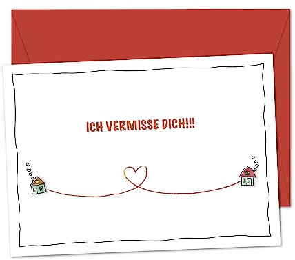 POSTKARTE Ich vermisse Dich - große Karte für Grüße voller Herz, Sehnsucht, Liebe für den geliebten Schatz, Partner, Partnerin, Freund, Freundin, die Liebsten - XL Postkarte mit Umschlag rot