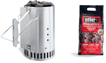 Weber Chimney Starter & Barbeque Briquettes | 4 kg Bag | BBQ Coal for Weber Grills | Coal BBQ Fuel | Premium Quality, Easy to light | Long Lasting | 100% Natural, Made from Waste Wood (17590168)