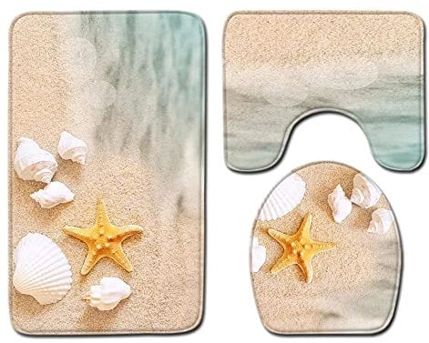 FANSU rutschfeste Badematten Set 3 Teilig, Weich Mikrofaser Badezimmerteppich Waschbar WC-Deckelbezug und Saugfähig U-FöRmige Badvorleger für Badewanne, Dusche (45x75cm,Strand Seestern)