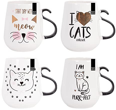 YöL Set Of 4 Cat Design Mugs New Bone China Coffee Tea Cups Meow Paws Purrfect 350ml Home Kitchen Cat Lovers