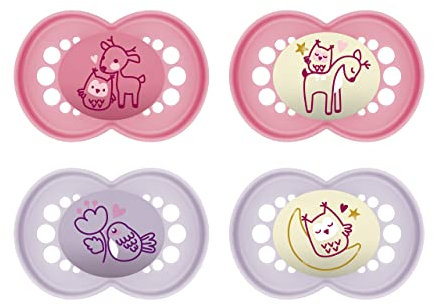 MAM Original Pure Day & Night Schnuller im 4er-Set, Baby Schnuller aus nachhaltigem & bio-erneuerbarem Material, Sauger aus MAM SkinSoft Silikon, mit Schnullerbox, 6-16 Monate, Reh/Vogel/Eule