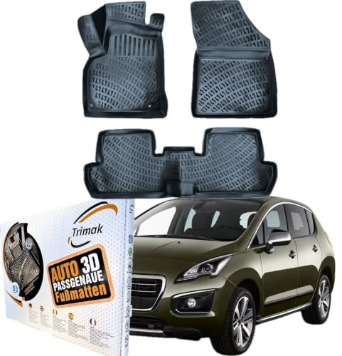 TRIMAK 3D Fussmatten für Peugeot 3008 1.Gen 2008-2016 | Gummimatten aus TPE Gummi, Passgenau, Wasserdicht, Hoher Rand, Rutschfest, Leicht zu Reinigen