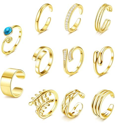 Kakonia 12Pcs Bague d'orteil pour Femme Réglables Turquoise Plaqué Or Ouvert Bague d'orteil Africaines Sandales Argent Or CZ Été Plage Bagues d'orteil Pieds Nus Bijoux