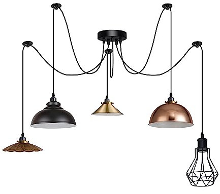 DC VOLTAGE 5 Way Spider Pendant Light Industrial Metal Lampshade E27 Lamp Holder with 195cm Height Adjustable Ceiling Hanging Lighting Fixture for Restaurant Cafe Bar
