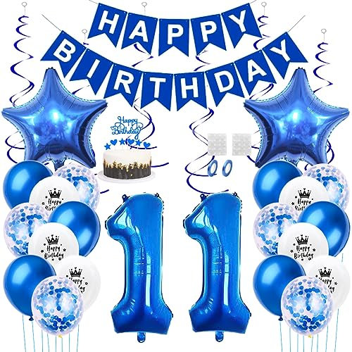 Daimay 11. Geburtstag Dekorationen Blau Geburtstagsdeko Mann Frauen Happy Birthday Banner Konfetti Luftballons Nummer Folienballons Stern Mylar Ballon Tortendeko für 11 Jahre Geburtstagsdeko