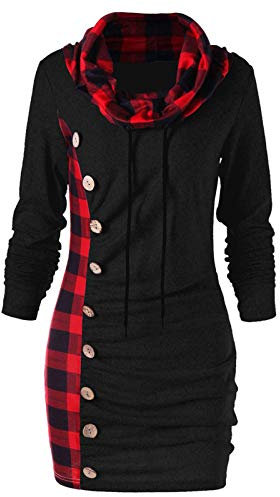 AMhomely Clearance Dress for Women Plaid Button Collar Drawstring Stitching Tops Tunic Casual Long Sleeve Pullover Shirts UK Size 8-26, Z01 Black