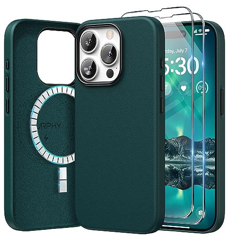 SURPHY Faux Leather Case for iPhone 15 Pro Case with Screen Protector, Premium PU Leather Compatible with MagSafe [Metallic Buttons] Cover for iPhone 15 Pro 6.1 inch, Forest Green