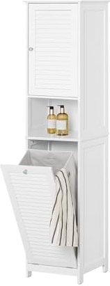 SoBuy Mobile Bagno Colonna Salvaspazio con Portabiancheria Armadietto Alto e Stretto per Ambienti Compatti, Mobiletto con Ripiani, Mobile Multiuso Bianco 40x170x38 cm BZR124-W