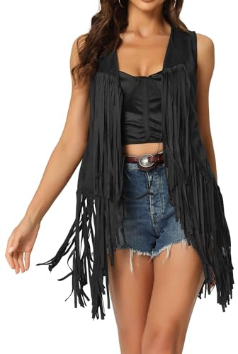 Allegra K Donna Gilet senza Maniche Frange Scamosciata Sintetica Western | Lungo Orlo con Frange Stile Cowgirl Ippodromo Festa Club Gotico Cosplay Rodeo Equitazione Festival Nero M