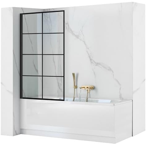 Rea Mampara de bañera Lagos-1 Fix Negro Mampara de bañera sobre pared 80 x 140 cm, cristal de seguridad 5 mm (Acabado perfil: Negro)