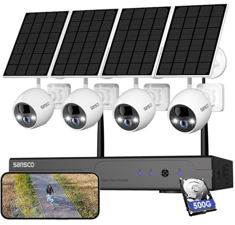 SANSCO Solar Security Cameras System Outdoor, 10CH NVR Wireless Recorder with 500GB Hard Drive,180 Days Storage, 2X 4MP WiFi IP Surveillance Camera - No Monthly Fee, 2-Way Audio, 2K Color Night Vision