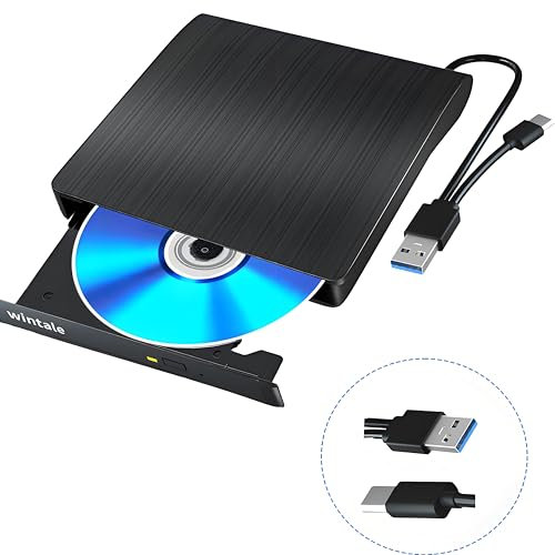 wintale External Blu Ray Drive, Portable 3D Bluray External DVD Drive, Blu Ray Burner with USB 3.0 and Type-C Dual Port, Bluray Drive for PC Windows XP/7/8/10/11 MacOS for Mac