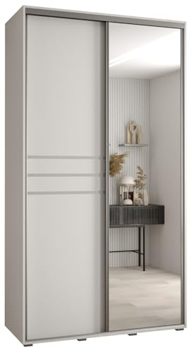 MEBLE KRYSPOL Davos 11 130 Schrank mit Zwei Schiebetüren für Schlafzimmer - Moderner Schrank mit Spiegel, Kleiderstange und Regalen - 235,2x130x60 cm - Weiß Weiß Silber